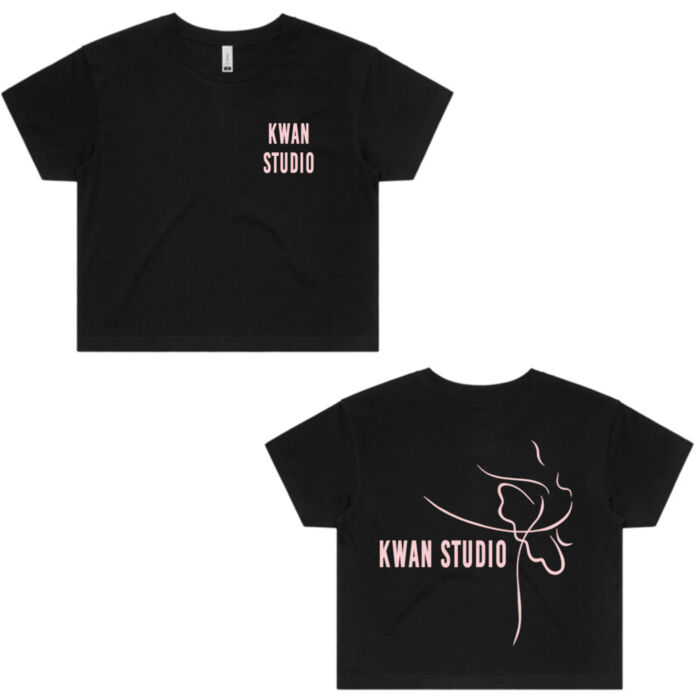 Kwan Studio logo + ballerina on back Womens Cropped Tee (Pink print) Kwan Studio logo + ballerina on back Womens Cropped Tee (Pink print) Thumbnail