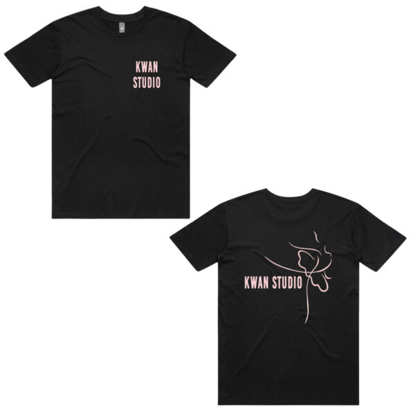 Kwan Studio logo + ballerina on back Adults Unisex Tee (Pink print) Thumbnail