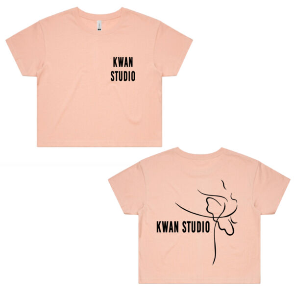 Kwan Studio logo + ballerina on back Womens Cropped Tee (Black print) Thumbnail