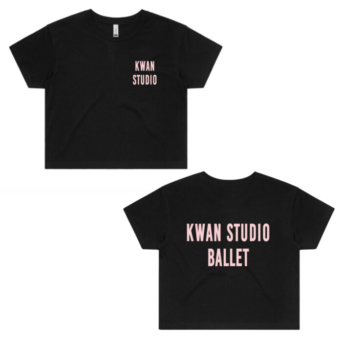 Kwan Studio logo + text on back Womens Cropped Tee (Pink print) Kwan Studio logo + text on back Womens Cropped Tee (Pink print) Thumbnail