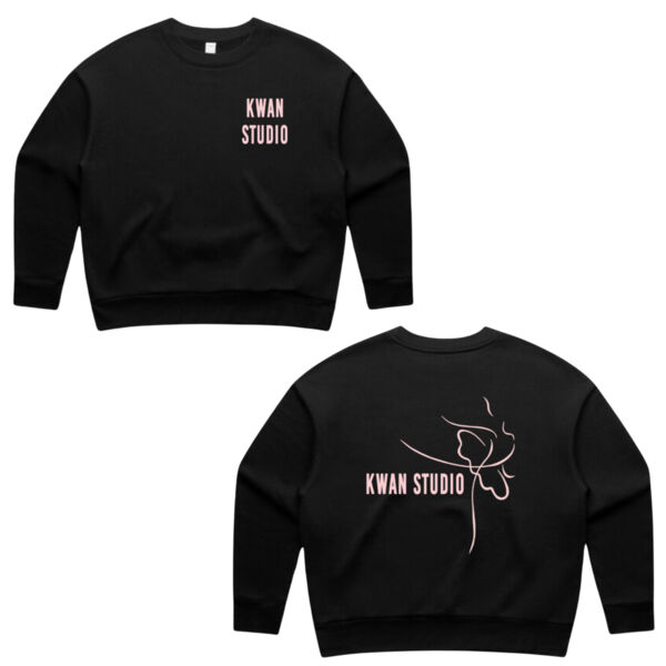 Kwan Studio logo + ballerina on back Womens crew jumper (Pink print) Thumbnail