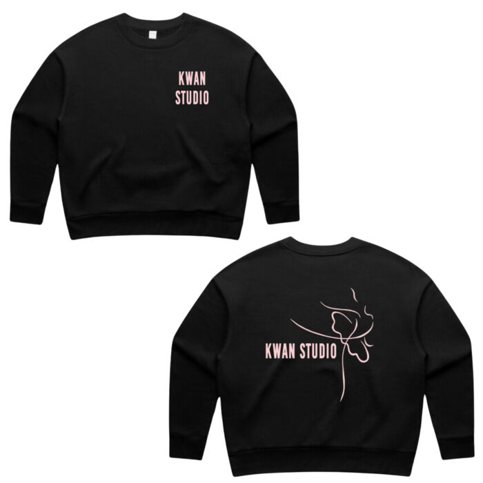 Kwan Studio logo + ballerina on back Womens crew jumper (Pink print) Kwan Studio logo + ballerina on back Womens crew jumper (Pink print) Thumbnail