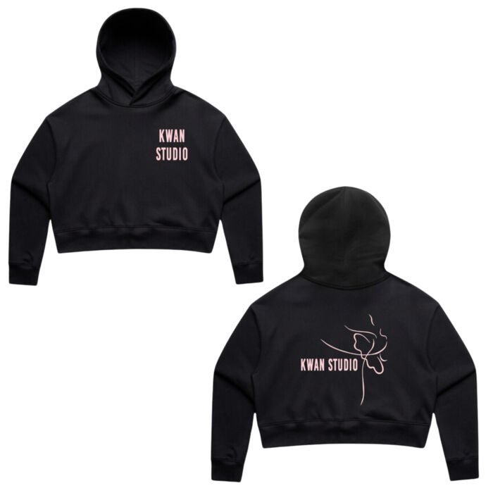 Kwan Studio logo + ballerina on back Womens cropped hoodie (Pink print) Kwan Studio logo + ballerina on back Womens cropped hoodie (Pink print) Thumbnail