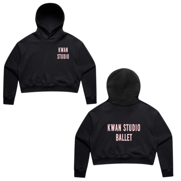 Kwan Studio logo + text on back Womens cropped hoodie (Pink print) Thumbnail
