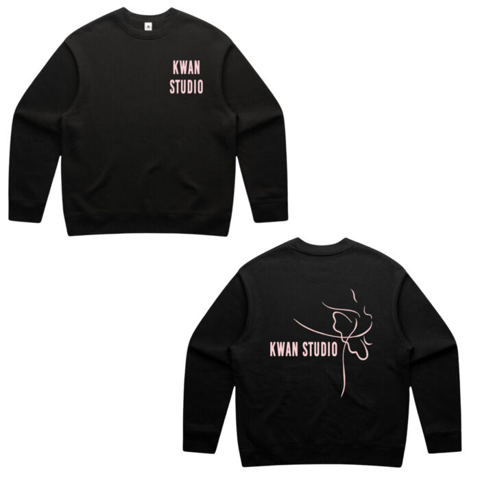 Kwan Studio logo + ballerina on back Mens crew jumper (Pink print) Kwan Studio logo + ballerina on back Mens crew jumper (Pink print) Thumbnail