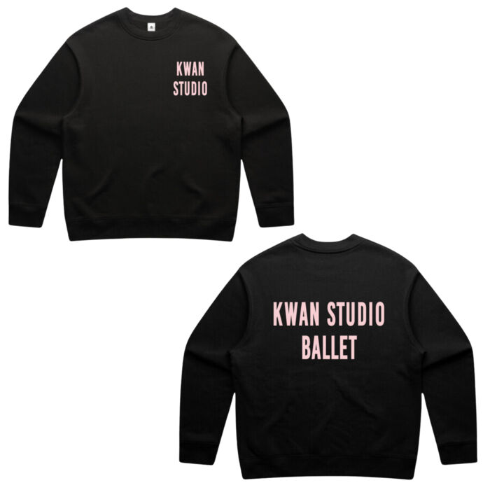 Kwan Studio logo + text on back Mens crew jumper (Pink print) Kwan Studio logo + text on back Mens crew jumper (Pink print) Thumbnail