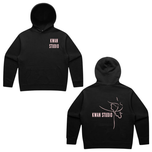 Kwan Studio logo + ballerina on back Mens hoodie (Pink print) Thumbnail