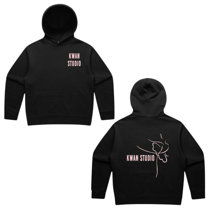 Kwan Studio logo + ballerina on back Mens hoodie (Pink print) Kwan Studio logo + ballerina on back Mens hoodie (Pink print) Thumbnail
