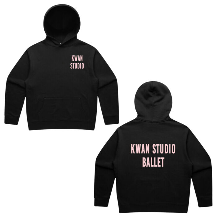 Kwan Studio logo + text on back Mens hoodie (Pink print) Kwan Studio logo + text on back Mens hoodie (Pink print) Thumbnail