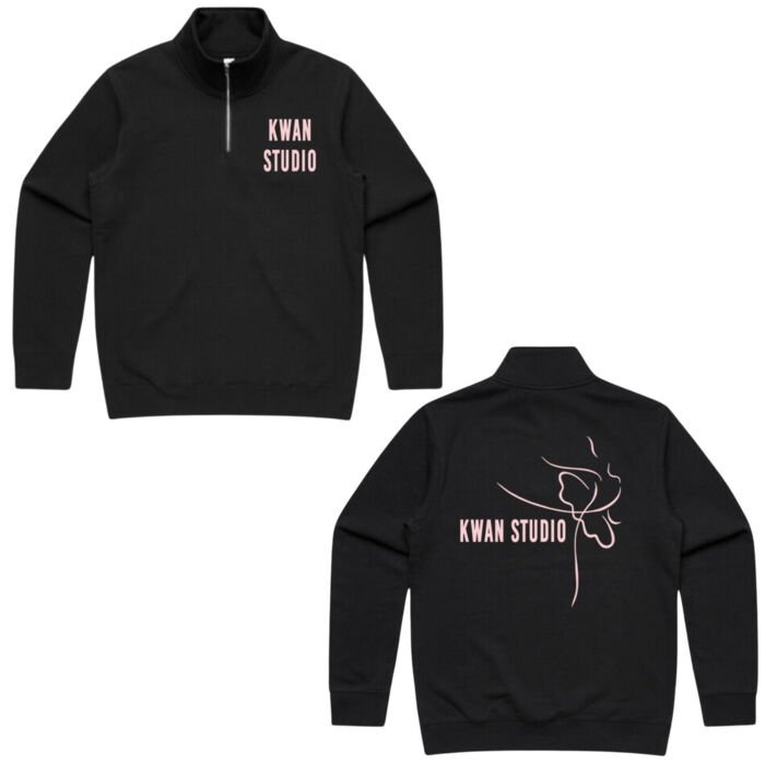 Kwan Studio logo + ballerina on back Mens zip jumper (Pink print) Kwan Studio logo + ballerina on back Mens zip jumper (Pink print) Thumbnail