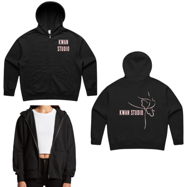 Kwan Studio logo + ballerina on back Womens full zip hoodie (Pink print) Thumbnail