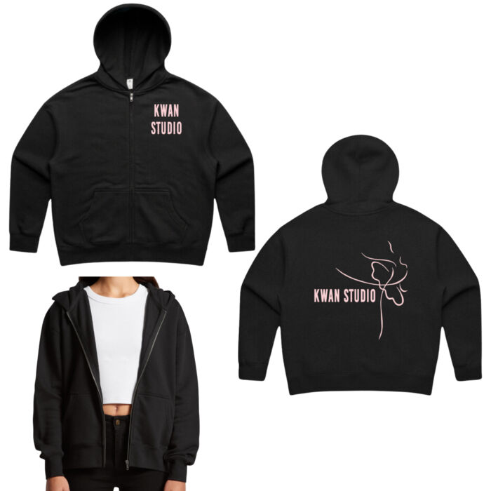 Kwan Studio logo + ballerina on back Womens full zip hoodie (Pink print) Kwan Studio logo + ballerina on back Womens full zip hoodie (Pink print) Thumbnail