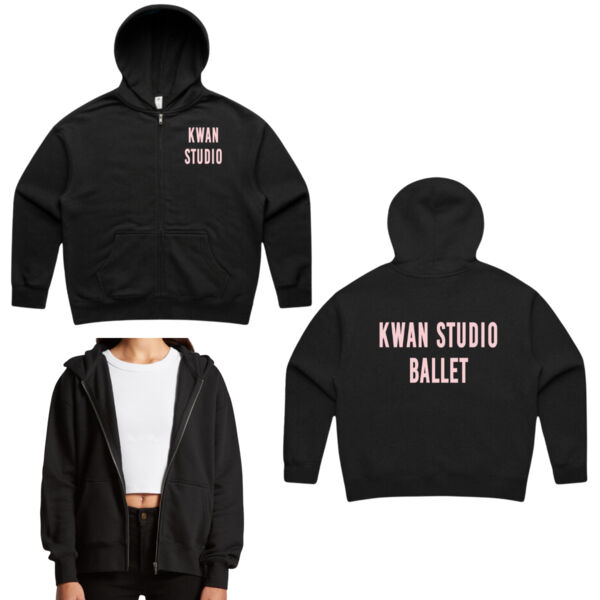 Kwan Studio logo + text on back Womens full zip hoodie (Pink print) Thumbnail
