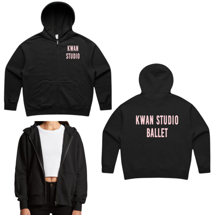 Kwan Studio logo + text on back Womens full zip hoodie (Pink print) Kwan Studio logo + text on back Womens full zip hoodie (Pink print) Thumbnail