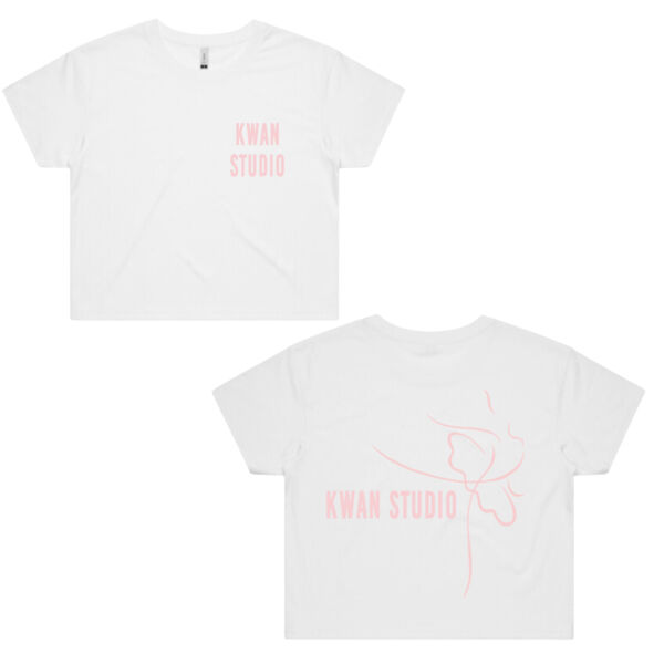 Kwan Studio logo + ballerina on back Womens Cropped Tee (Pink print) Thumbnail