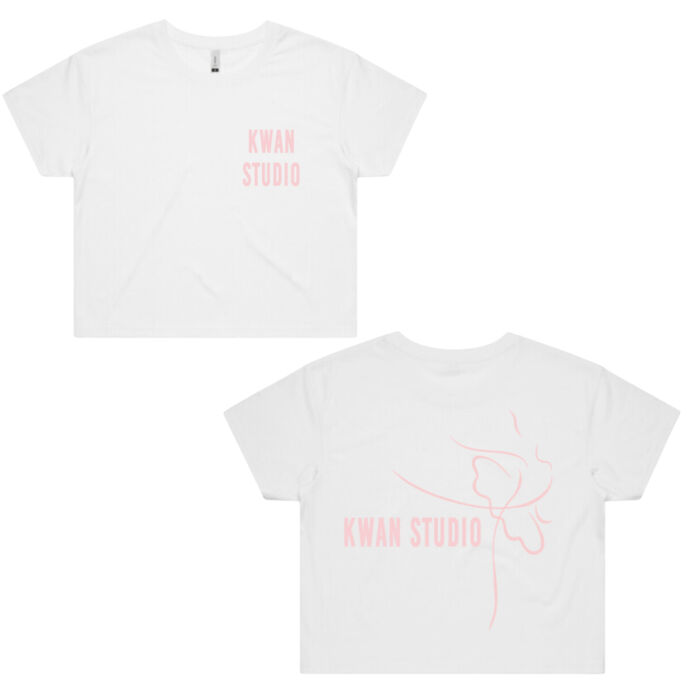 Kwan Studio logo + ballerina on back Womens Cropped Tee (Pink print) Kwan Studio logo + ballerina on back Womens Cropped Tee (Pink print) Thumbnail