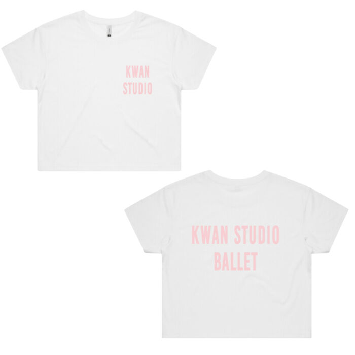 Kwan Studio logo + text on back Womens Cropped Tee (Pink print) Kwan Studio logo + text on back Womens Cropped Tee (Pink print) Thumbnail