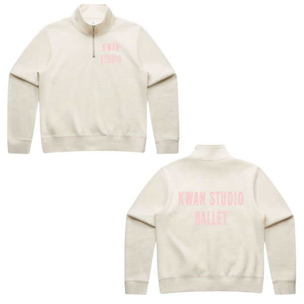 Kwan Studio logo + text on back Womens zip jumper (Pink print on cream jumper) Thumbnail