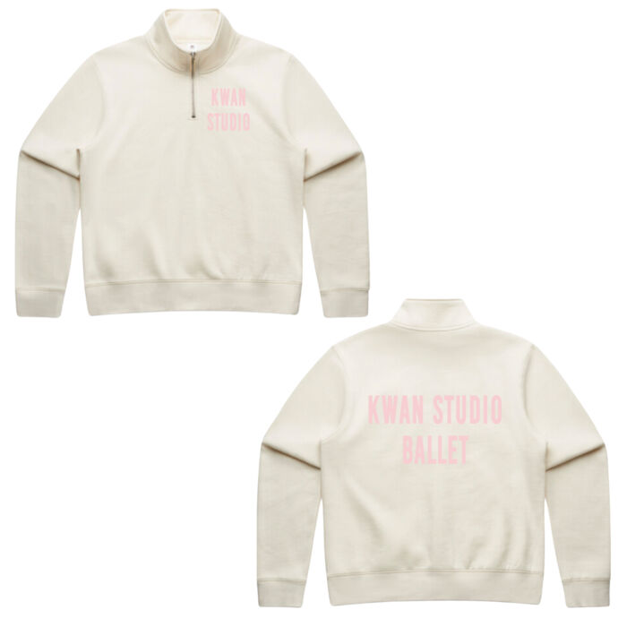 Kwan Studio logo + text on back Womens zip jumper (Pink print on cream jumper) Kwan Studio logo + text on back Womens zip jumper (Pink print on cream jumper) Thumbnail