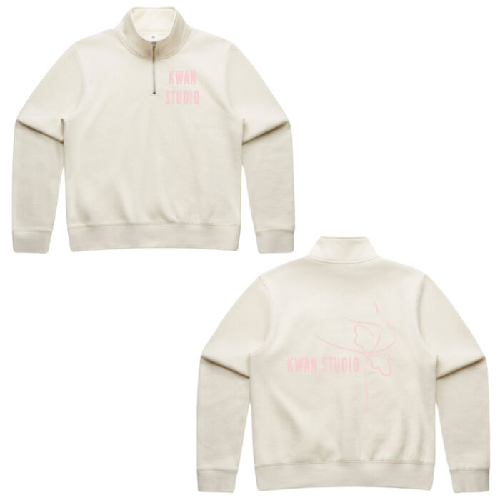 Kwan Studio logo + ballerina on back Womens zip jumper (Pink print on cream jumper) Kwan Studio logo + ballerina on back Womens zip jumper (Pink print on cream jumper) Thumbnail
